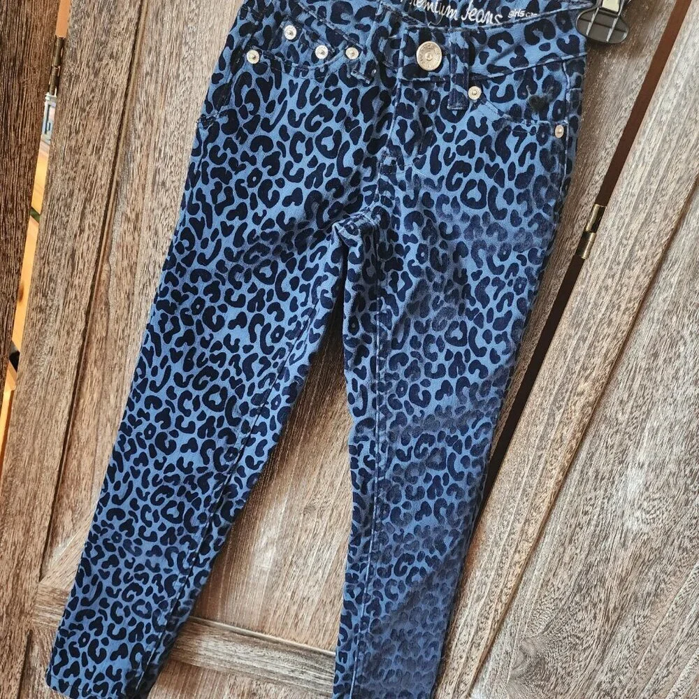 Justice Premium‎ Jeans Blue Leopard Print Textured Velvet Size 7S Simply Low EUC